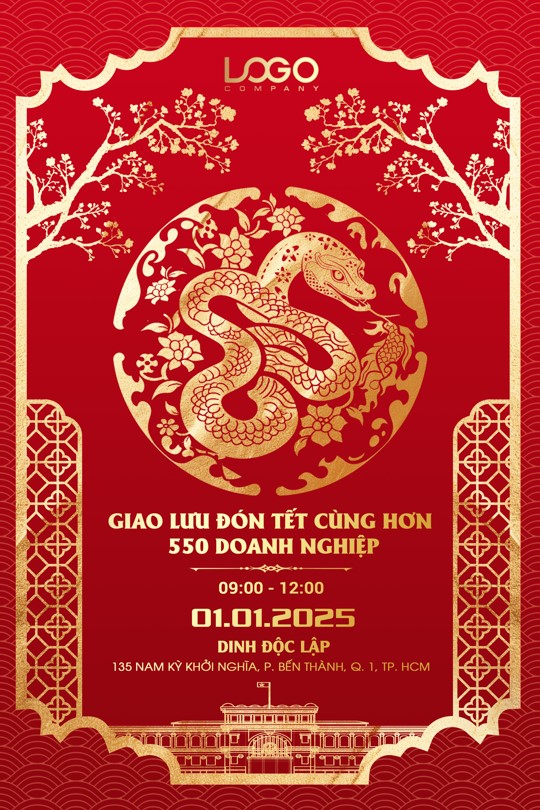 Bannner poster chúc mừng năm mới xuân ất tỵ gold 2025 snake mascot hoa